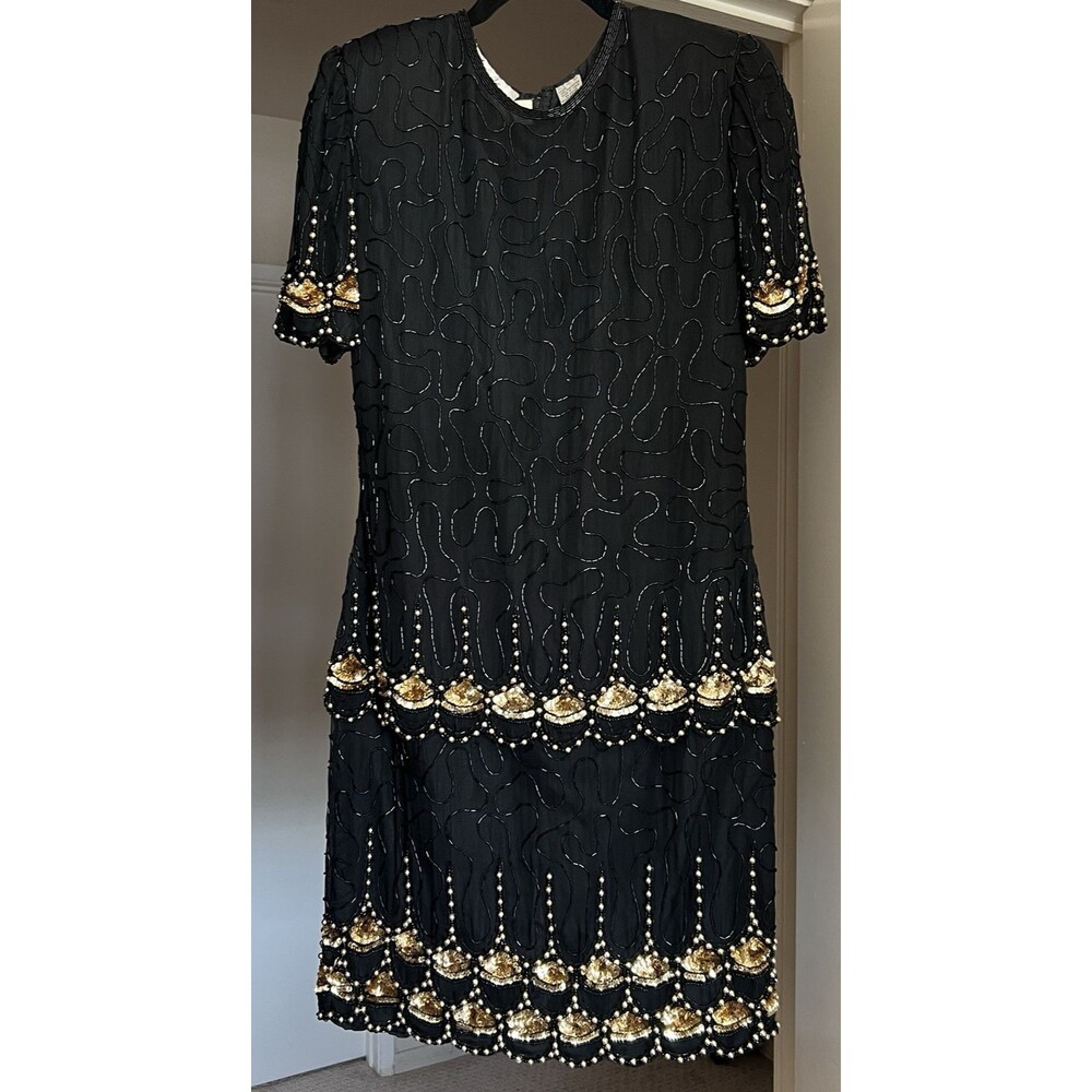 Laurence Kazer Black Beaded Gala Cocktail Dress 1980s Vintage Size M PM Formal